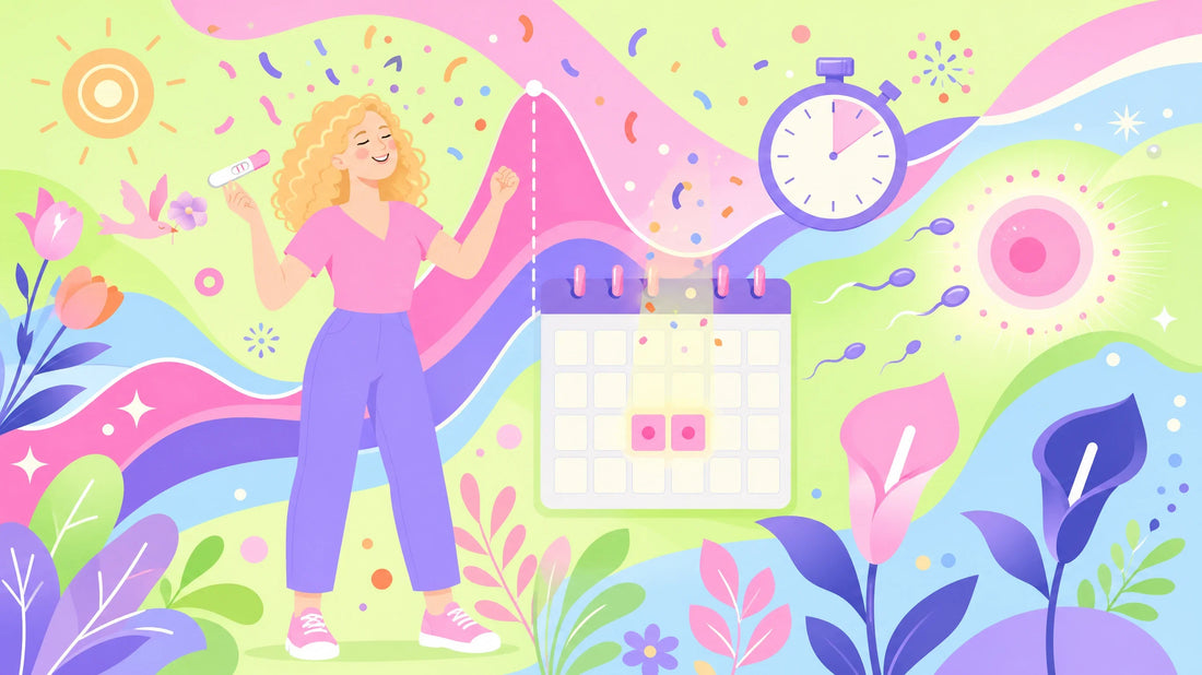 Flat illustration of a smiling woman raising an ovulation test in celebration as confetti falls, beside a calendar with two days marked in pink, a stopwatch, a rising pink curve and an egg surrounded by sperm.